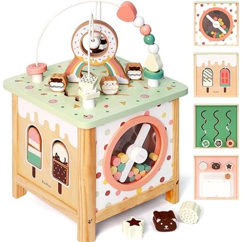 PairPear Wooden Activity Cube Montessori Toys Wooden Play Cube Activity Center Baby Busy Board Multifunctional Early Educational Development Toys Sensory Gifts for Toddlers Girls Boys 1 2 3 Year Old