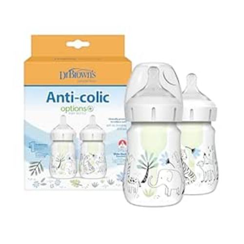 Dr. Brown's Anti-Colic Options+ Wide-Neck Baby Bottle Designer Edition Bottles, Jungle Decos, 5 oz/150 mL, Level 1 Nipple, 0m+, 2-Pack