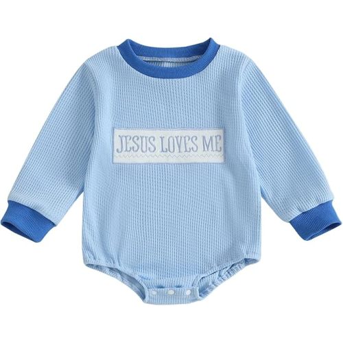 Newborn Baby Boy Clothes Jesus Loves Me Sweatshirt Romper Waffle Knit Long Sleeve Bodysuit Christian Baptism Outfit