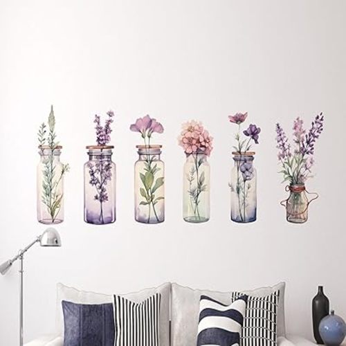 6 Pieces Little Fresh Glass Flower Vase Wall Decals 3D Flower Vase Wall Stickers Wall Decor Wall Art Creative Cuarto Living Dining Bedroom Children's Baby Girls Room Pegatinas para Pared Calcomanías