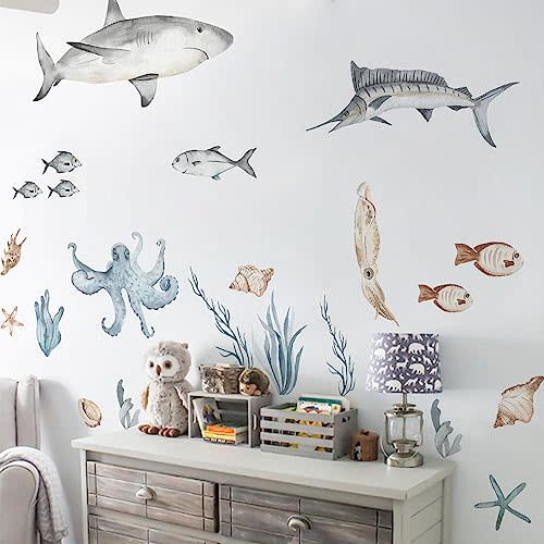 Nursery Ocean Wall Decals Marine Animal Classroom Large Stickers | Peel and stick, no residue, watercolor nursery decor,kids room murals,bedroom wallpaper,playroom classroom cute DIY craft