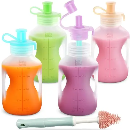 Silicone Reusable Baby Food Pouches with Straws, 4 Pack Leakproof Refillable Squeeze Pouches, Dishwasher, Freezer, Microwave Safe, 5OZ Baby Food Storage for Homemade Puree, Yogurt