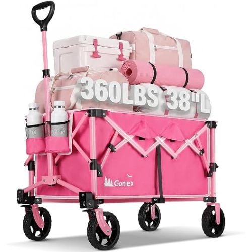 Gonex 38" L Collapsible Wagon Cart Foldable, 220L Folding Utility Cart Pink