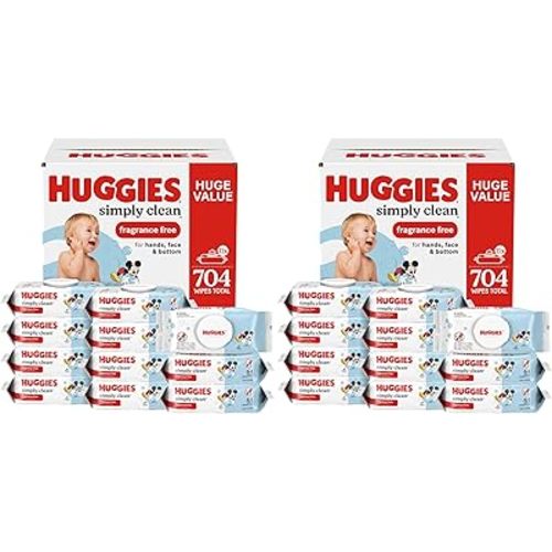 Huggies Simply Clean Unscented Baby Diaper Wipes, 11 Flip-Top Packs (704 Wipes Total), Packaging May Vary (Pack of 2)
