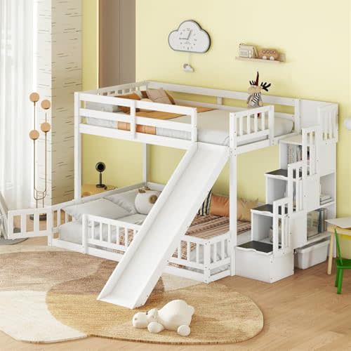 Linique Twin Over Full Bunk Bed with Slide, Storage Staircase, Multifunctional Wooden Bunk Bed Frame, White