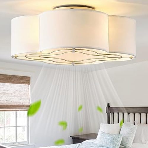 Caged Ceiling Fan with Light, Boho Flush Mount Ceiling Fan with Lights Remote Control, Rattan with 6 Speeds for Bedroom, Living Room, Foyer, Nursery