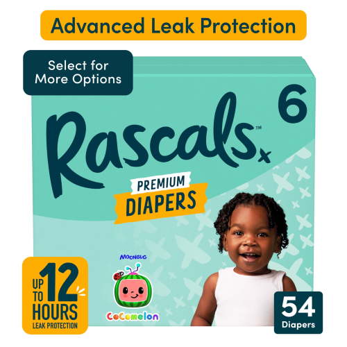 Rascals Premium Absorbent Baby Diapers Size 6, 54 Count