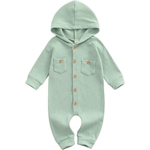 Ynibbim Winter Newborn Baby Boy Girl Solid Romper Unisex Infants Hooded Outfit Clothes Waffle Cotton Button Jumpsuits