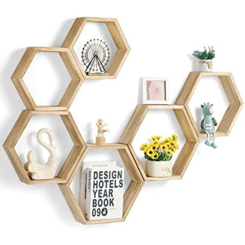 Hexagon Floating Shelves Wall Mounted Farmhouse Wood Storage Honeycomb Wall Shelf Set of 6 Hexagonal Shelves Wall Home Decor Hexagon Shelves for Living Room Bedroom Office, Light Brown