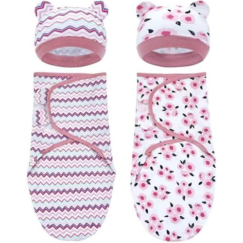 Dizila 2 Sets Adjustable Soft Cotton Blend Newborn Infant Baby Girl Receiving Swaddle Blankets Sleep Sacks with Matching Nursery Hats Caps Beanies Bonnets (Set 3)