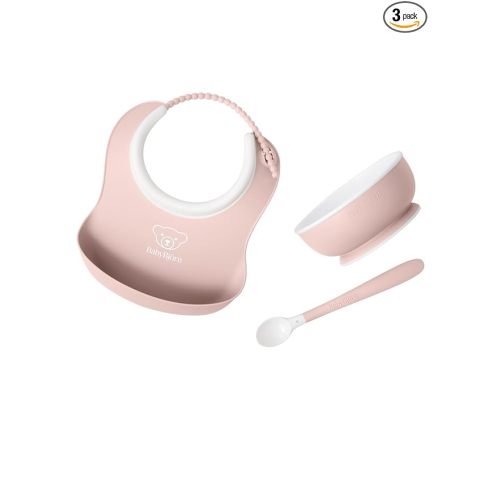 BabyBjörn Baby Feeding Set, 3 pcs, Powder Pink | Includes Baby Plate, Baby Spoon, | Dishwasher Safe | Toddler Feeding Set for self-Feeding or Baby-led weaning