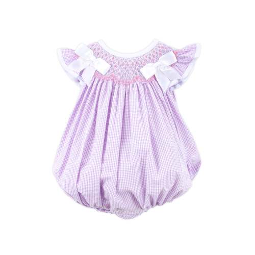 French Lavender Gingham Smocked Bow Bubble