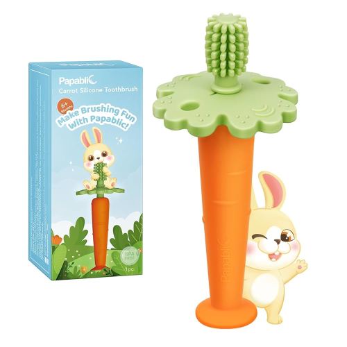 Papablic Baby Toothbrush Teether, Teething Toys 6-12 Months, 360° Carrot Teether Baby Stuffers, Infant Toothbrush with Suction Base