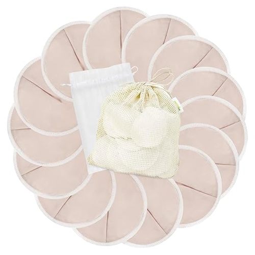 wegreeco Nursing Breast Pads (14 Pack) + Laundry Bag & Travel Storage Bag, 4.7 inch - Washable & Reusable Breastfeeding Nursing Pads (Rose Gold, Large, Contoured Shape)
