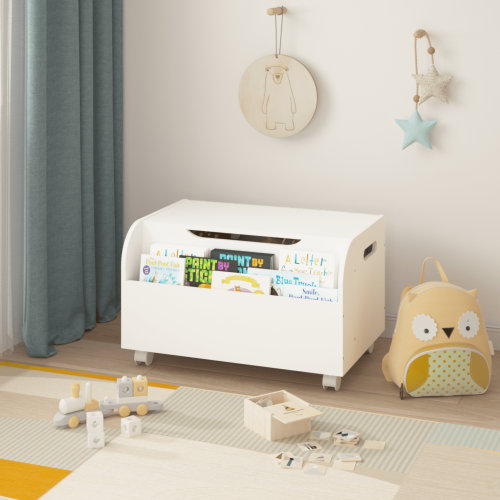 Kids Furniture Wooden Toy Box with 4 Universal Wheels, Kids Toy Storage Organizer with Front Bookshelf, Flip-Top Lid, Safety Hinge, Boys Girls Toy Chest Bench for Playroom Kids Room Organization (Wh