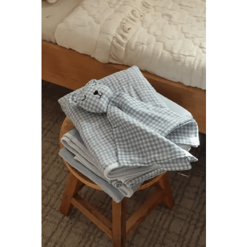 Dusty Blue Solids + Gingham Blanket + Bear Lovey SET