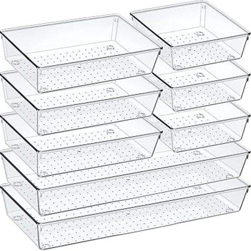 Criusia Drawer Organizer Set, Acrylic Non Slip Non Cracking Kitchen Drawer Storage Tray Large Size Divider, Multifunctional Storage for Cosmetics, Bathroom, Tools, Kitchen and Office (8 PACK)