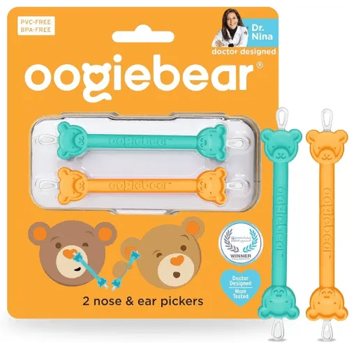 oogiebear: Baby Nose Cleaner & Ear Wax Removal Tool - Safe Booger & Earwax Removal for Newborns, Infants, Toddlers - Dual-Ended - Essential Baby Stuff, Diaper Bag Must-Have, Orange & Seafoam with case