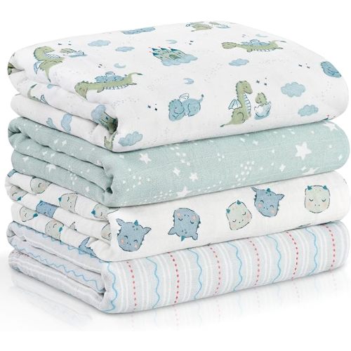 4-Pack Muslin Swaddle Blankets for Newborns | 100% Cotton Breathable Soft, Large 31.5"x43.3" | Multi-Use Stroller Sunshade Nursing Cover & Receiving Blanket, Blue Dinosaur