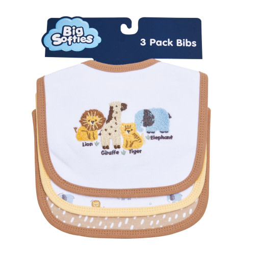 Big Softies 3 Pack Applique And Printed Bibs - Safari