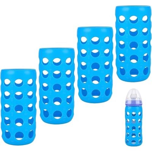 4 Pack Silicone Sleeves Compatible with Lansinoh Glass Bottles, Silicone Sleeves for Glass Bottles, Drop Protection, Maintain Temperature of Milk, with Cutouts for Easy Milk Level Monitoring, Blue