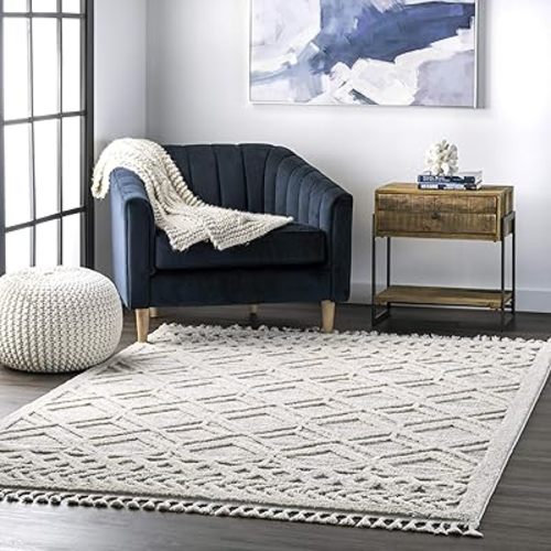 nuLOOM 8x11 Ansley Moroccan Tassel Area Rug, Light Grey, High-Low Textured Bohemian Design, Plush High Pile, Stain Resistant, For Bedroom, Living Room, Hallway, Entryway