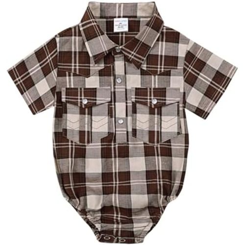 COSLAND Baby Boys' Western Clothes Short Sleeve Cotton Plaid Bodysuit, Infant Cowboy Shirt, 0-18 Months