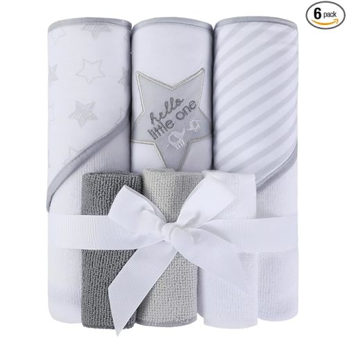 Softan Baby Hooded Towels and Washcloths Set 6 Pack, 28x28 Ultra Soft & Absorbent Baby Bath Towels for Newborn Infant Toddler, Unisex Boys Girls (Grey Star)