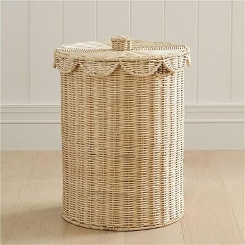 Woven Rattan Storage Basket with Lid, Round Laundry Hamper with Metal Frame