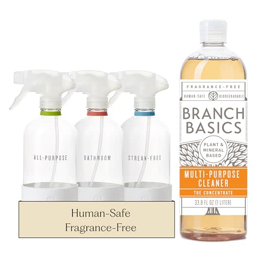 Branch Basics Cleaning Essentials Kit: All Purpose, Glass and Bathroom Cleaner - Concentrate (33.8 Oz) (24 Refills) + Refillable Glass Spray Bottles (16 Oz) Plant Based, Human-Safe, & Fragrance Free