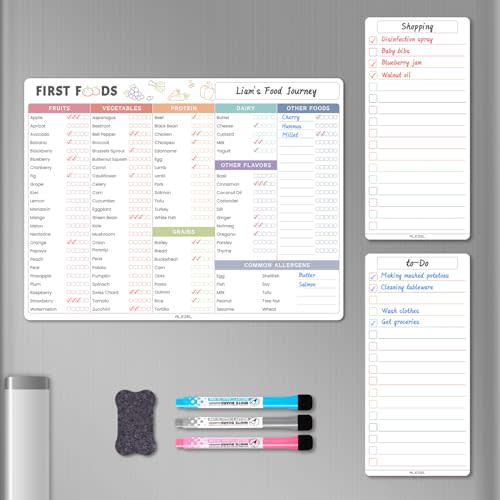 ALEZEL Baby First Food Tracker for Fridge, Magnetic Dry Erase Baby Foods Chart, Includes Foods Checklist Magnet with 2 List Boards, 3 Markers + Eraser