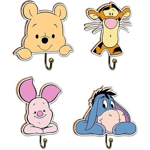 Winnie Baby Room Decor, 4Pcs Wooden Wall Hooks, Winnie Nursery Hook Cute Towel Hanger,4 Hooks for Hanging Clothes Robes Towels Coats
