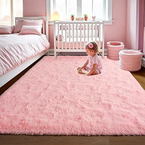 LOCHAS Ultra Soft Indoor Modern Area Rugs Fluffy Living Room Carpets for Children Bedroom Home Decor Nursery Rug 4x5.3 Feet,Pink