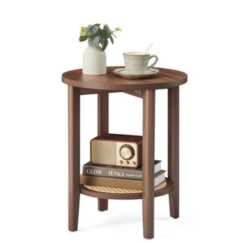 Boho 2-Tier Round Side Table - Rattan-Look Nightstand with Storage Shelf for Small Spaces, Black Walnut