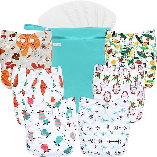 wegreeco Cloth Diapers 6 Pack with 6 Inserts & 1 Wet Bag, Washable Cloth Diapers for Babies, One Size Adjustable Reusable (Fruits, Animals)
