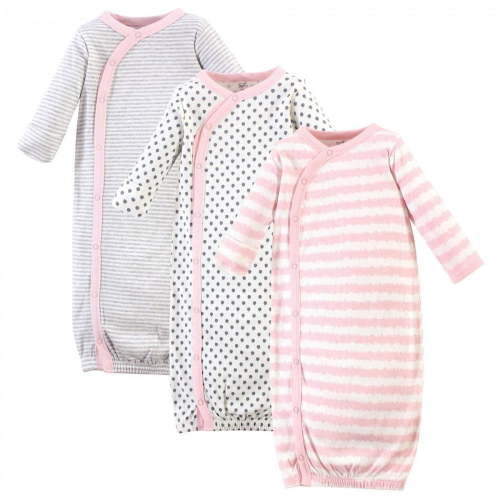 Touched by Nature Baby Girl Organic Cotton Side-Closure Snap Long-Sleeve Gowns 3pk, Pink Gray Scribble, 0-6 Months