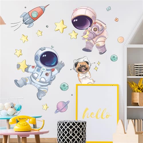 WAFT YEARN Astronaut Universe Outer Space Moon Star Space Ship Wall Decal Removable Wall Sticker Decor for Nursery Classroom Bedroom Bathroom Boys Girls Room Playroom Colorful Peel and Stick Decals