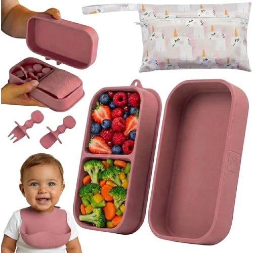 Travel Silicone Baby Feeding Set - Portable Toddler Plates with Suction, Soft Baby Spoon & Fork, Lightweight Foldable Silicone Bib & Waterproof Storage Bag – 6 Piece Set (dark pink)