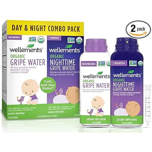 Wellements Organic Gripe Water for Babies Day & Night Combo Pack (4 Fl Oz) - Infant Gripe Water Newborn Calms Occasional Stomach Discomfort from Baby Gas, Colic, Hiccups & Fussiness - USDA Certified
