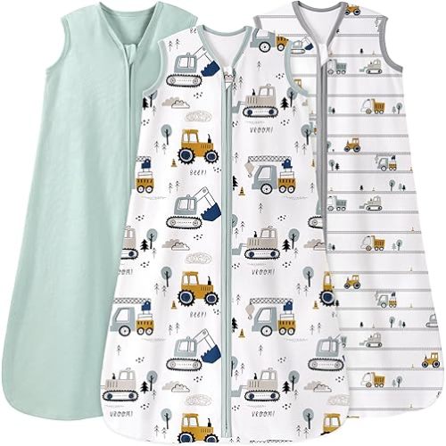 Baby Sleep Sack 6-12 Months 0.5 Tog Wearable Blanket Baby, 3 Pack 100% Cotton Lightweight Sleeping Sack with 2-Way Zipper for Newborn Infant Excavator