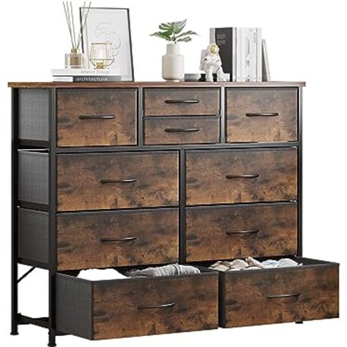 LUMTOK 10-Drawer Dresser, Fabric Storage Dressers for Bedroom, Hallway, Nursery, Closets, Steel Frame, Wood Top, Easy Pull Handle (Rustic Brown)