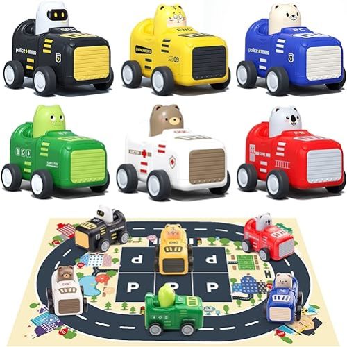 Baby Toy Cars for 1 2 3+ Year Old Toddler, City Guard Series Press and Go, Pull Back Vehicle with Soft Plush Car Mat, Educational Gift for Kids, Boys and Girls
