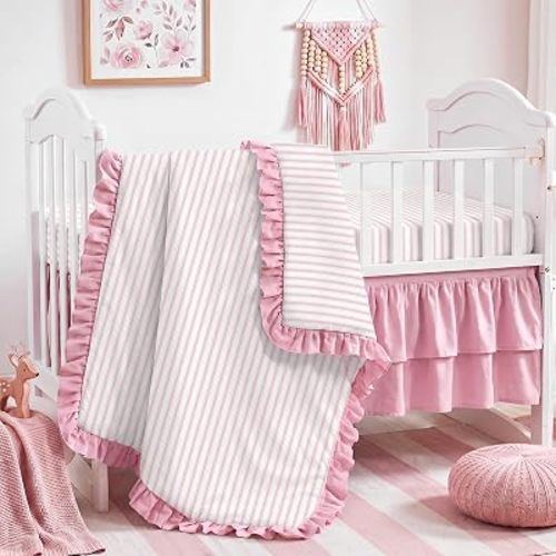 3 Pcs Pink Stripe Crib Bedding Set for Baby Girls & Boys
