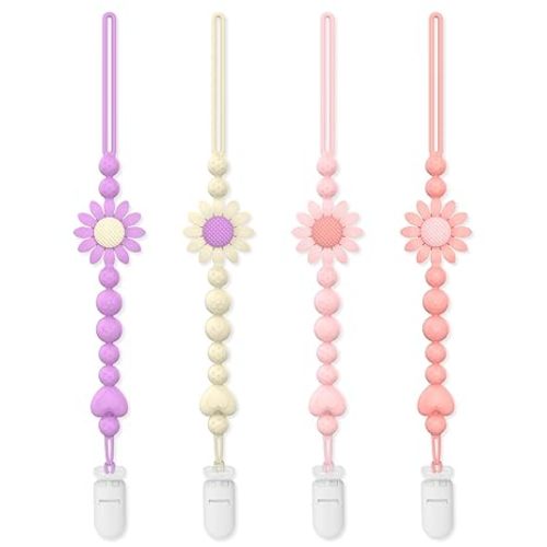 Pacifier Clip, 4 Pack Silicone Pacifier Clip with One Piece Design for Newborn Boys and Girls, Floral Patterns Pacifier Holder Clip Fits for Most Pacifier, Baby Teethers, Baby Shower
