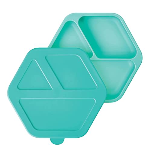 Tiny Twinkle Silicone Suction Baby Plate, Suction Grip Divided Dish for First Foods and Self-Feeding Toddlers, Baby Led Weaning Supplies for Independent Eating (Mint Plate with Lid)