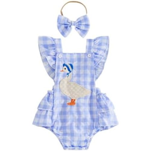 Baby Girl Summer Romper Goose Outfit Newborn Ruffle Overalls Sleevless Plaid Bodysuit Headband Infant Farm Clothes