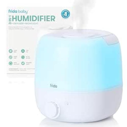 Frida Baby 3-in-1 Cool Mist Humidifier for Large Rooms, Top Fill Humidifier for Bedroom, Allergy Relief, 60 Hour Runtime + Nightlight, Auto Shut-Off, Quiet, Carry Handle, Essential Oil Diffuser