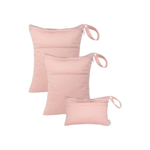 ALVA ALVABABY 3pcs Baby Cloth Diaper Wet/Dry Bags|Waterproof Reusable with Two Pockets|Travel, Beach, Pool, Daycare, Soiled Baby Items,Yoga，Gym Bag for Swimsuits or Wet Clothes Pink