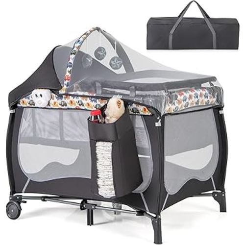 HONEY JOY Pack and Play, 4 in 1 Portable Baby Playard w/Bassinet, Changing Table, Lockable Wheel, Music, Foldable Travel Baby Crib Nursery Center from Newborn to Toddler(Gray, Elephant)