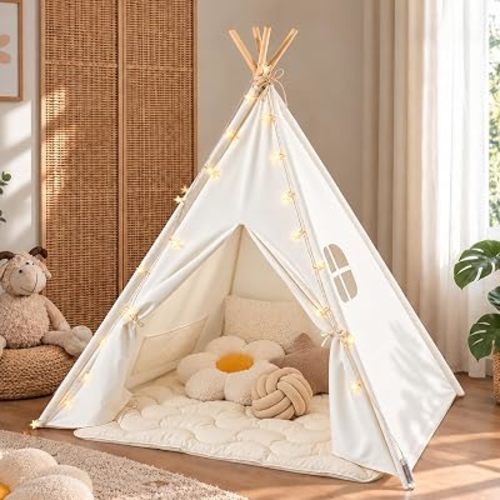 Tiny Land 100% Cotton Canvas Teepee Tent for Kids with Mat & Star Lights